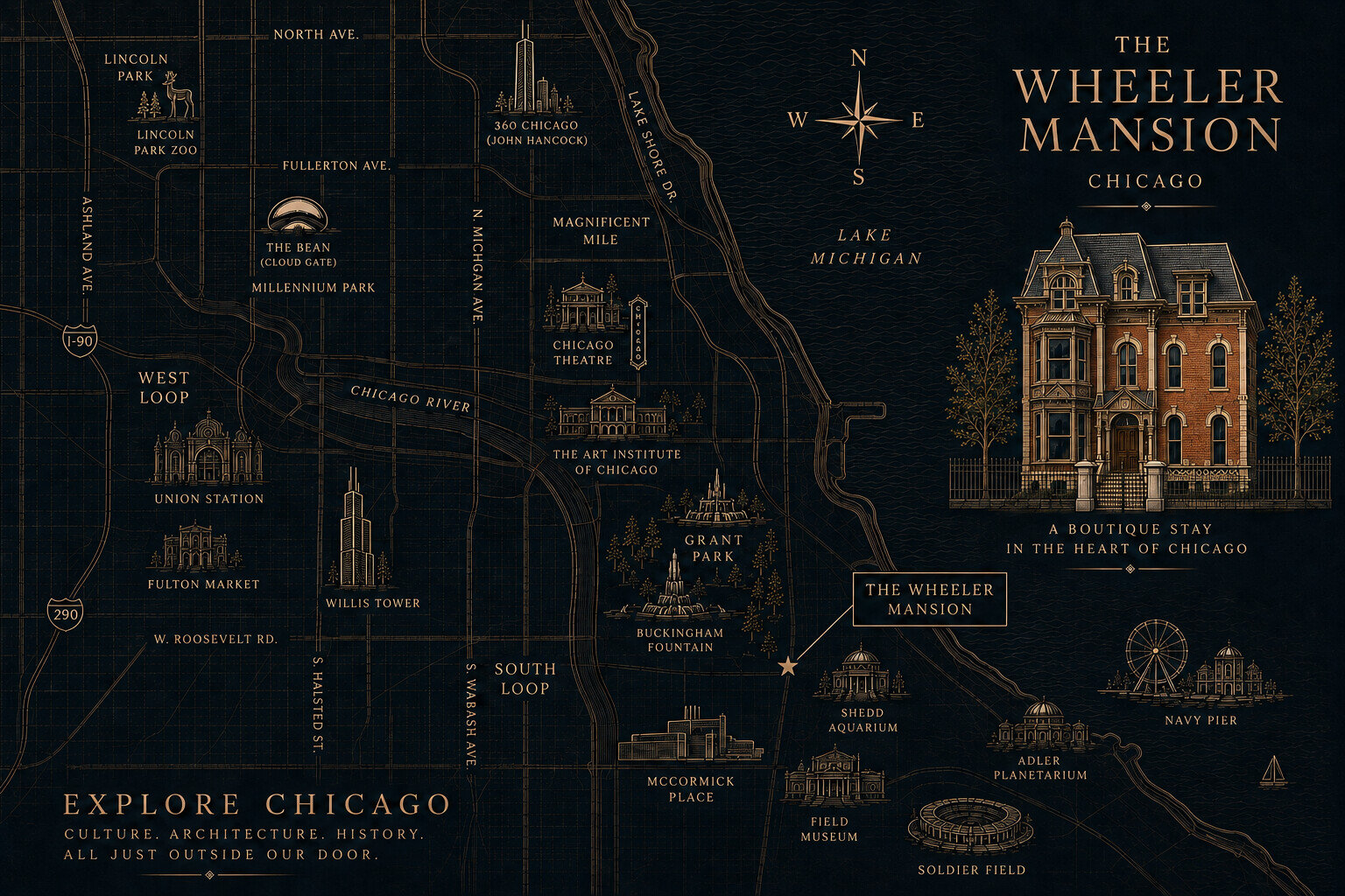 Illustrated map of Chicago marking Wheeler Mansion in the South Loop, near McCormick Place, Soldier Field, the Museum Campus and Grant Park